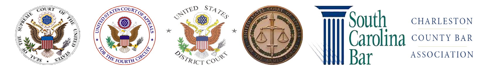 Seals of the U.S. Supreme Court, the U.S. Court of Appeals for the Fourth Circuit, the U.S. District Court, and the U.S. Court of Appeals for the Armed Forces, with the South Carolina Bar and Charleston County Bar Association logos